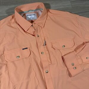 Poncho Shirt Mens Large Orange Magnetic Pockets Fishing Outdoor Vented L/S Lens